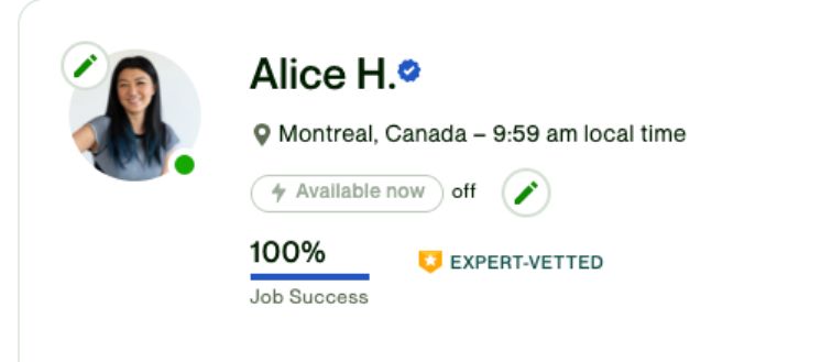 Alice Huang on LinkedIn: Thank you Upwork for the Expert-Vetted badge,  determining me as the top 1%…