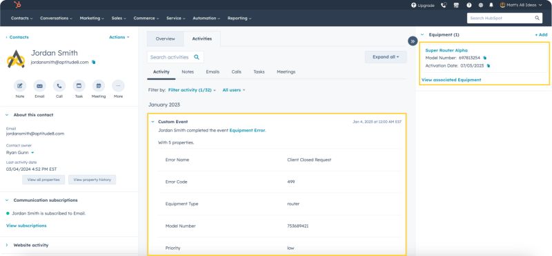Hubspot Custom Events to track product etc in customer contact or company