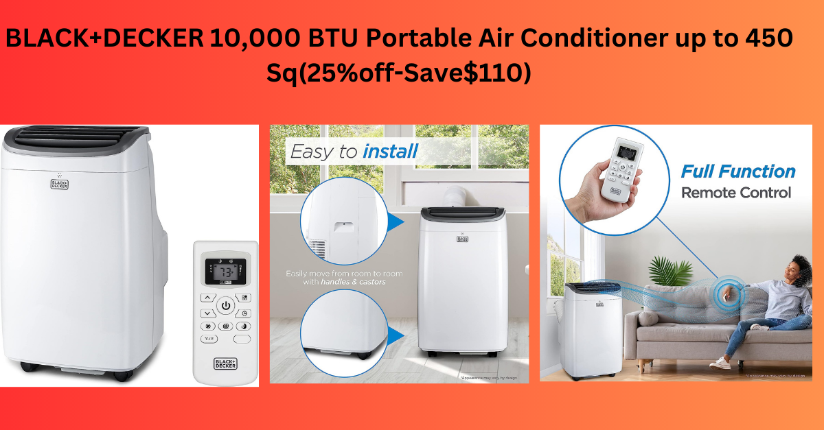 BLACK+DECKER 10,000 BTU Portable Air Conditioner up to 450 Sq. ft. with  Remote Control, White 