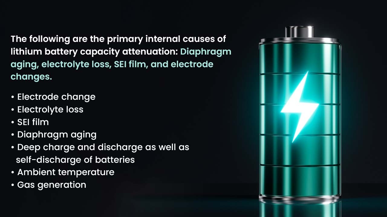 The following are the primary internal causes of lithium battery capacity attenuation: diaphragm aging, electrolyte loss, SEI film, and electrode changes. 