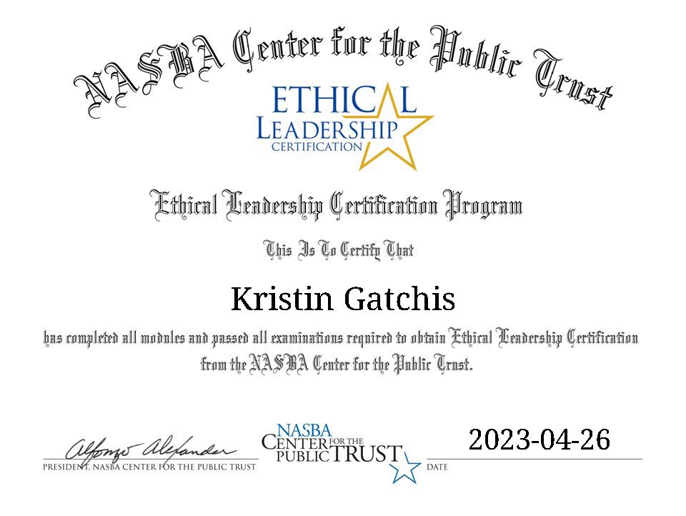 Kristin Gatchis on LinkedIn: NASBA Ethical Leadership Certification Kristin Gatchis on LinkedIn: NASBA Ethical Leadership Certification