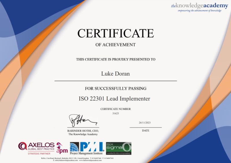 Luke Doran on LinkedIn: Excited to have passed the ISO 22301 Lead Luke Doran on LinkedIn: Excited to have passed the ISO 22301 Lead