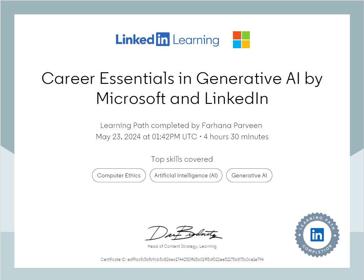 Farhana Parveen on LinkedIn: Just earned my Generative AI Certification Farhana Parveen on LinkedIn: Just earned my Generative AI Certification