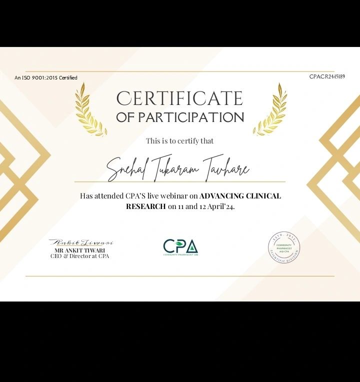 Snehal Tavhare on LinkedIn: #cpa #clinicalreasearch #certification Snehal Tavhare on LinkedIn: #cpa #clinicalreasearch #certification