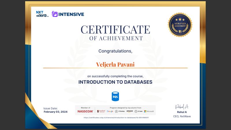 Pavani Veljerla on LinkedIn: Iam happy to share my certificate of SQL I Pavani Veljerla on LinkedIn: Iam happy to share my certificate of SQL I