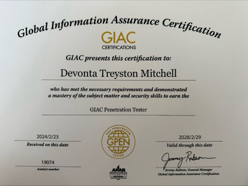 Devonta Mitchell MSCSIA on LinkedIn: My GIACTester (GPEN Devonta Mitchell MSCSIA on LinkedIn: My GIACTester (GPEN