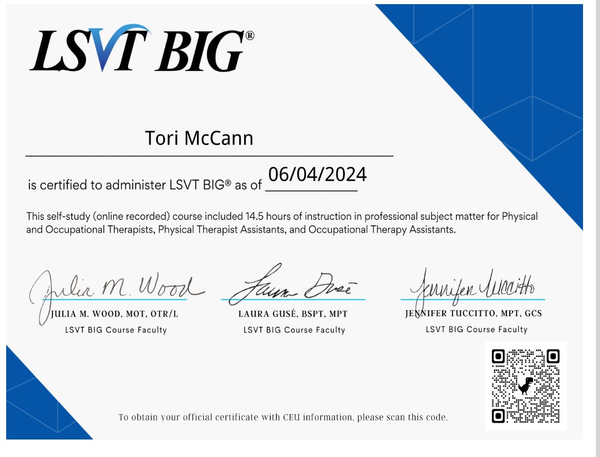 Tori McCann on LinkedIn: Excited to have completed the LSVT Big Tori McCann on LinkedIn: Excited to have completed the LSVT Big