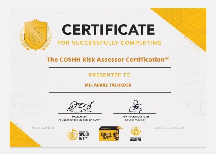 Md Miraz Talukder on LinkedIn: Chemical safety certification at COSHH Md Miraz Talukder on LinkedIn: Chemical safety certification at COSHH