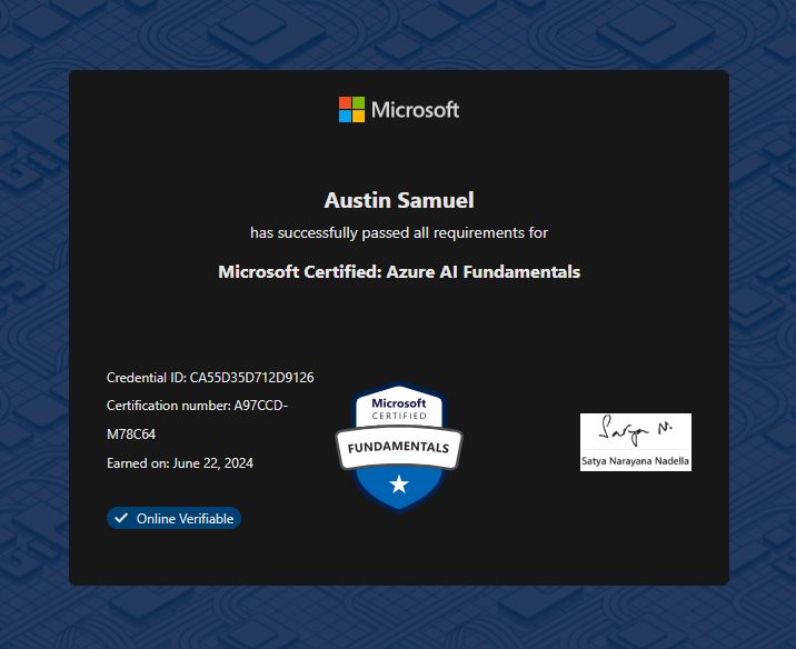 Austin Samuel on LinkedIn: #microsoftlearnaiskills #certification #ai # Austin Samuel on LinkedIn: #microsoftlearnaiskills #certification #ai #