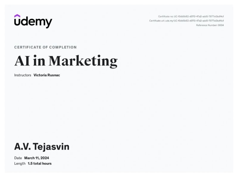 Completed 'AI in Marketing' course on Udemy | Tejasvin Av posted on the  topic | LinkedIn