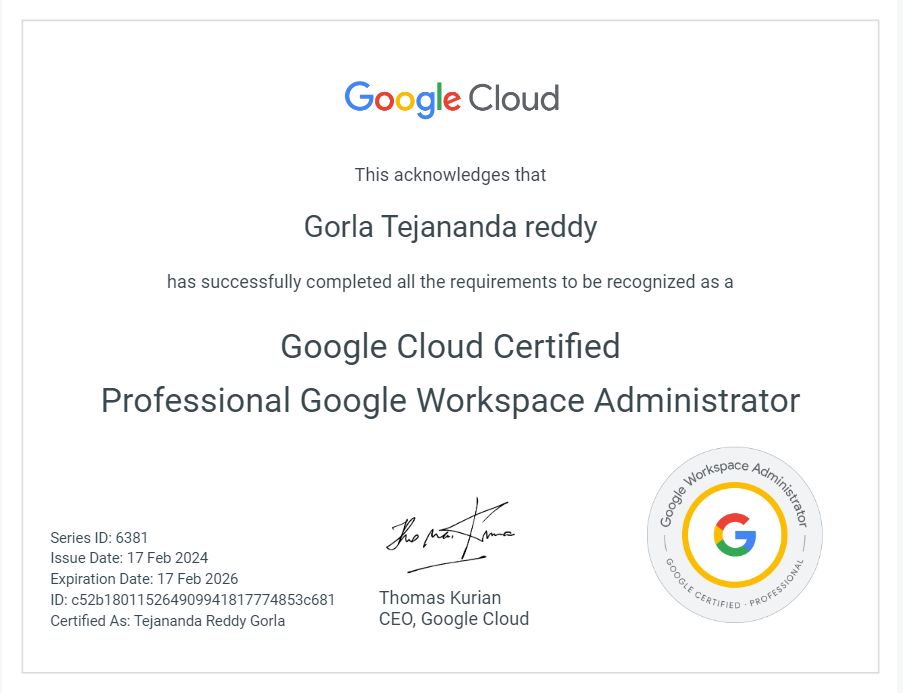 Teja nanda Reddy on LinkedIn: Certified Google workspace administrator Teja nanda Reddy on LinkedIn: Certified Google workspace administrator