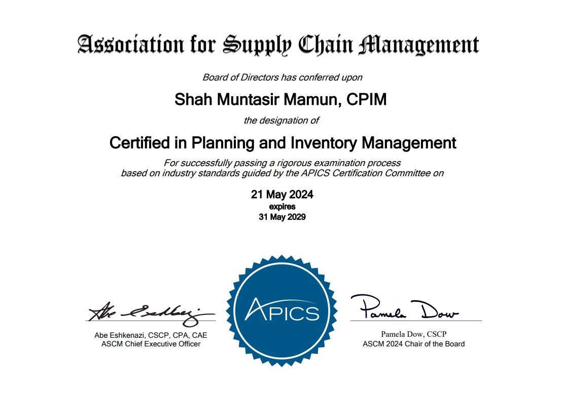 Shah Muntasir Mamun CSCM CPIM EIT MBA on LinkedIn: Accomplished Shah Muntasir Mamun CSCM CPIM EIT MBA on LinkedIn: Accomplished