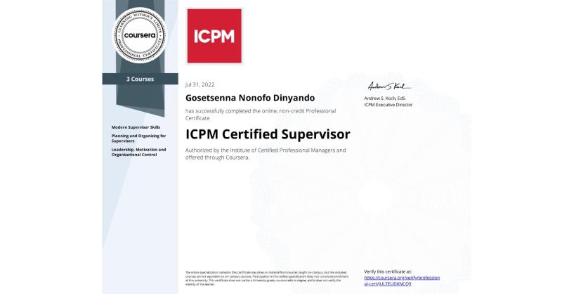 GOSETSENNA NONOFO DINYANDO on LinkedIn: Completion Certificate for ICPM GOSETSENNA NONOFO DINYANDO on LinkedIn: Completion Certificate for ICPM
