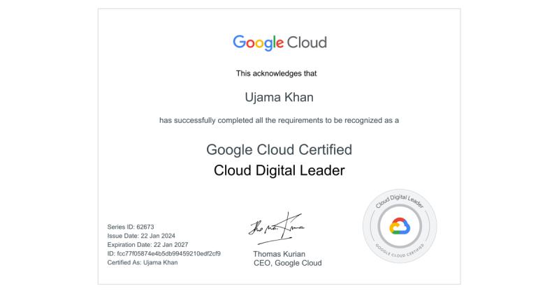 Ujama Iqbal Khan on LinkedIn: Cloud Digital Leader • Ujama Khan ...