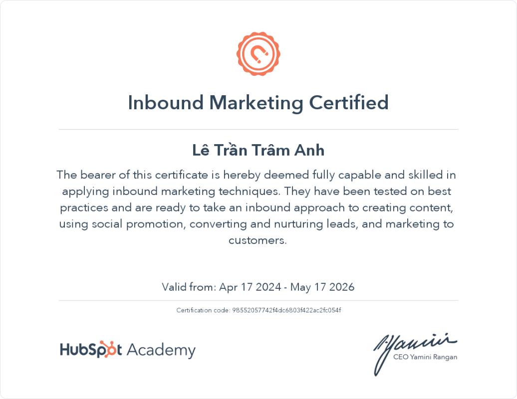 Emy Le on LinkedIn: HubSpot Academy Inbound Marketing Certification Emy Le on LinkedIn: HubSpot Academy Inbound Marketing Certification