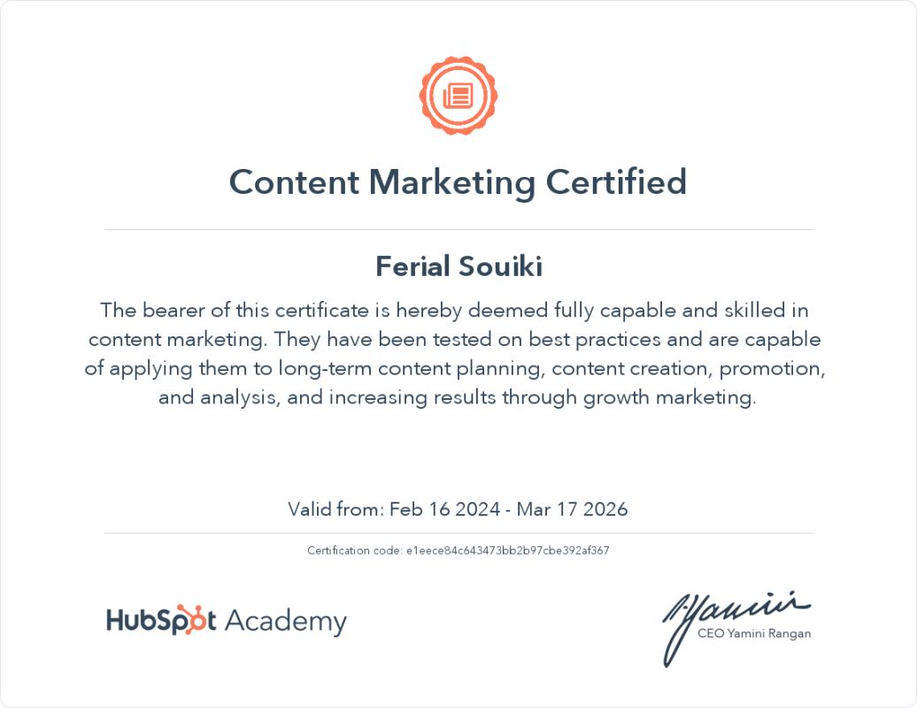 Ferial Souiki on LinkedIn: HubSpot Academy Content Marketing Certification Ferial Souiki on LinkedIn: HubSpot Academy Content Marketing Certification