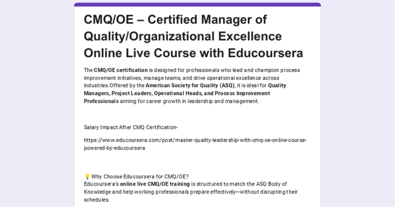 CQM(Certified Quality Manager)Online Live Training Based ASQ Anamika CQM(Certified Quality Manager)Online Live Training Based ASQ Anamika
