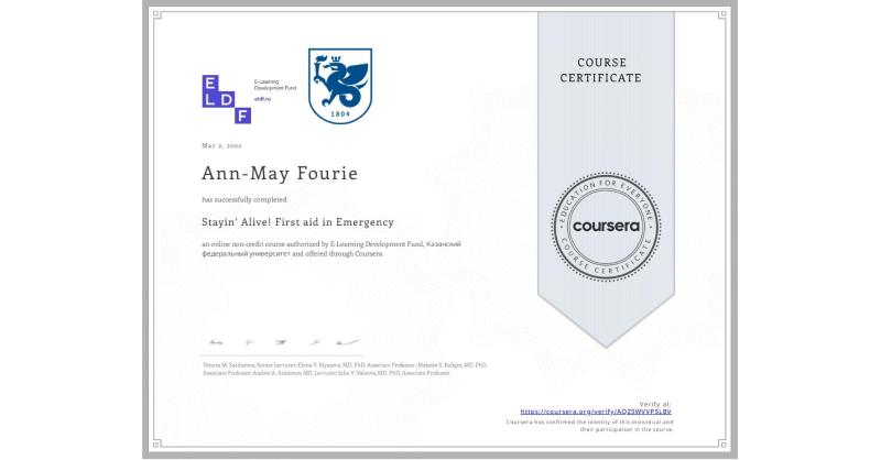 Completion Certificate for Stayin Alive First aid in Emergency Ann Completion Certificate for Stayin Alive First aid in Emergency Ann