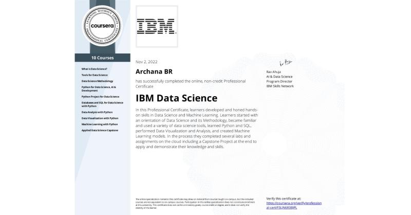 Archana BR على LinkedIn: Completion Certificate for IBM Data Science Archana BR على LinkedIn: Completion Certificate for IBM Data Science