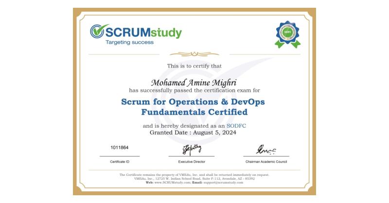 Passed Scrum for Operations and DevOps exam Mohamed Amine MIGHRI Passed Scrum for Operations and DevOps exam Mohamed Amine MIGHRI