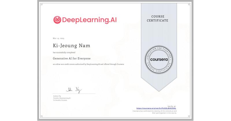 Completion Certificate for Generative AI for Everyone Ki Jeoung Nam CPCC Completion Certificate for Generative AI for Everyone Ki Jeoung Nam CPCC