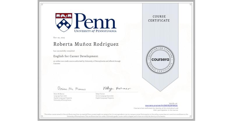Roberta Muñoz Rodriguez on LinkedIn: Completion Certificate for English Roberta Muñoz Rodriguez on LinkedIn: Completion Certificate for English