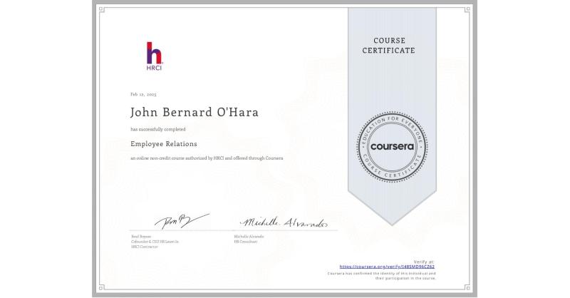 Completion Certificate for Employee Relations John O Hara Completion Certificate for Employee Relations John O Hara