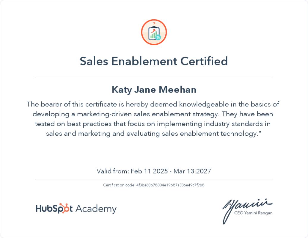 HubSpot Academy Sales Enablement Certification Katy Jane Meehan HubSpot Academy Sales Enablement Certification Katy Jane Meehan