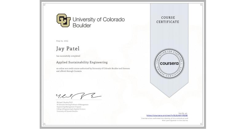 Completion Certificate for Applied Sustainability Engineering Jay Patel Completion Certificate for Applied Sustainability Engineering Jay Patel