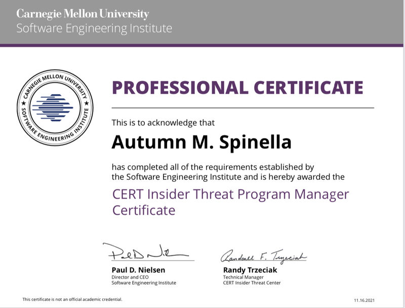 Autumn Spinella on LinkedIn: Passed my CERT Insider Threat Program Autumn Spinella on LinkedIn: Passed my CERT Insider Threat Program