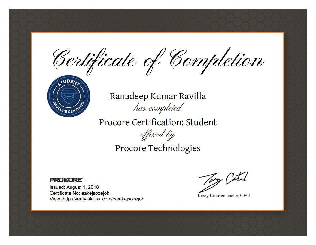 Ranadeep Kumar Ravilla CMIT on LinkedIn: Happy to share the Procore Ranadeep Kumar Ravilla CMIT on LinkedIn: Happy to share the Procore