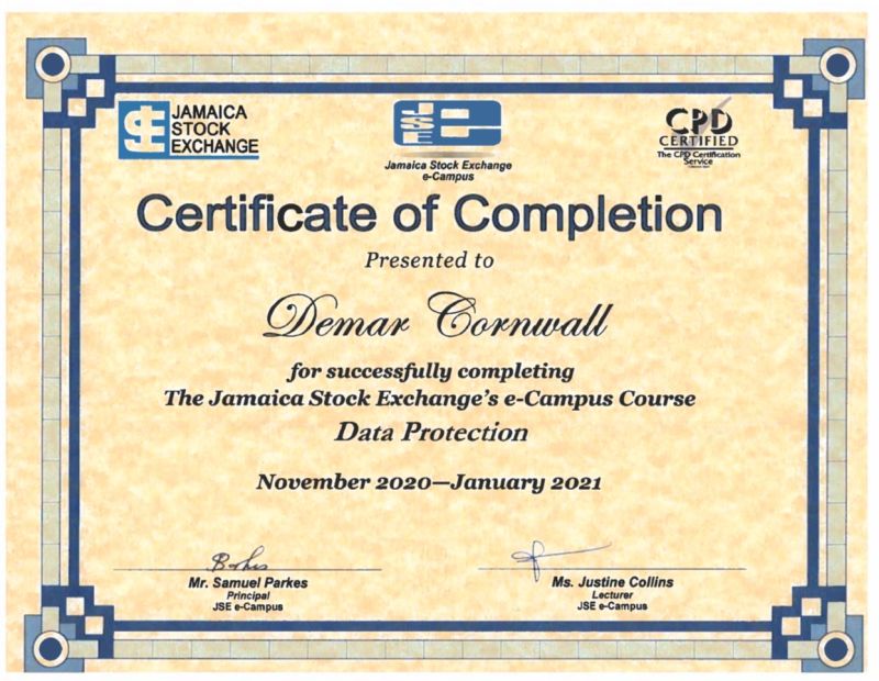 Demar C on LinkedIn: Data Protection Certificate from Jamaica Stock Demar C on LinkedIn: Data Protection Certificate from Jamaica Stock