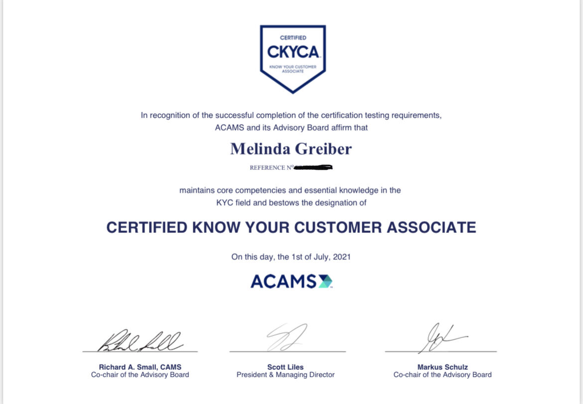 Melinda Greiber on LinkedIn: Completed the ACAMS CKYCA certification Melinda Greiber on LinkedIn: Completed the ACAMS CKYCA certification