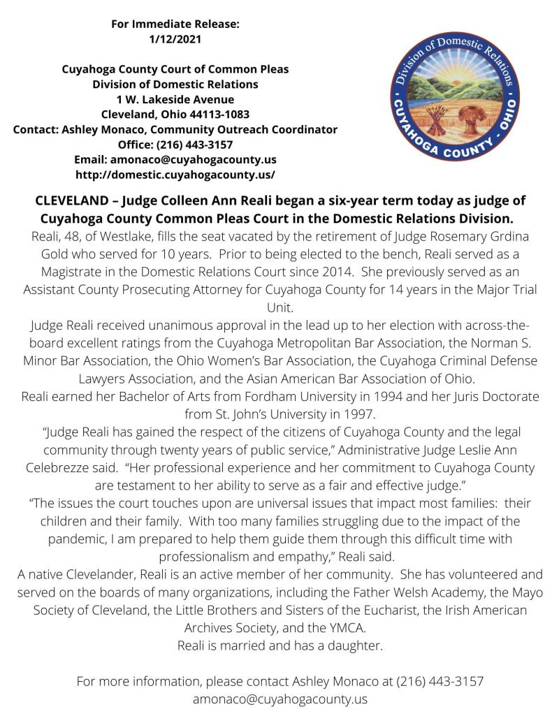 CLEVELAND Judge Colleen Ann Reali began a six year term today as CLEVELAND Judge Colleen Ann Reali began a six year term today as