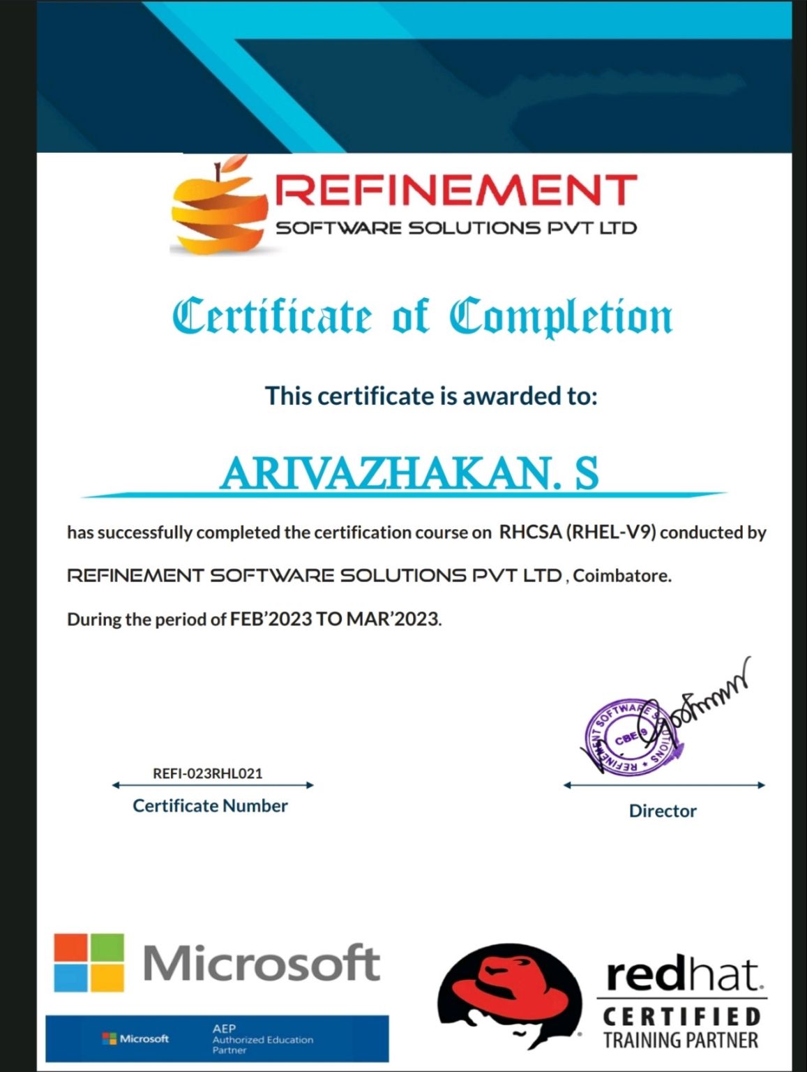 I #39 m Completed Linux RHEL V9 With RedHat Certification Arivazhakan I #39 m Completed Linux RHEL V9 With RedHat Certification Arivazhakan