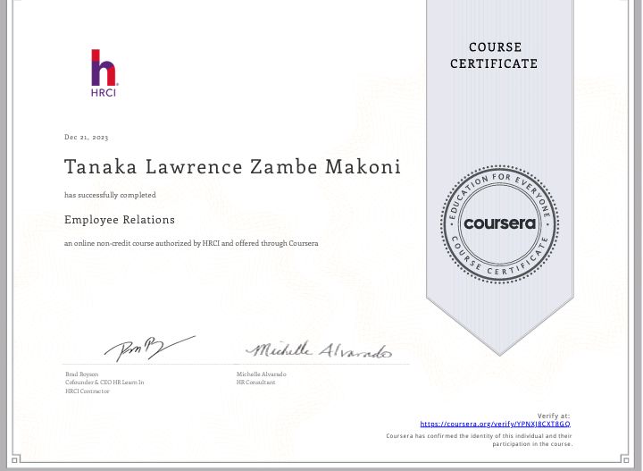 Completed Employee Relations Certificate Tanaka Lawrence Zambe Makoni Completed Employee Relations Certificate Tanaka Lawrence Zambe Makoni