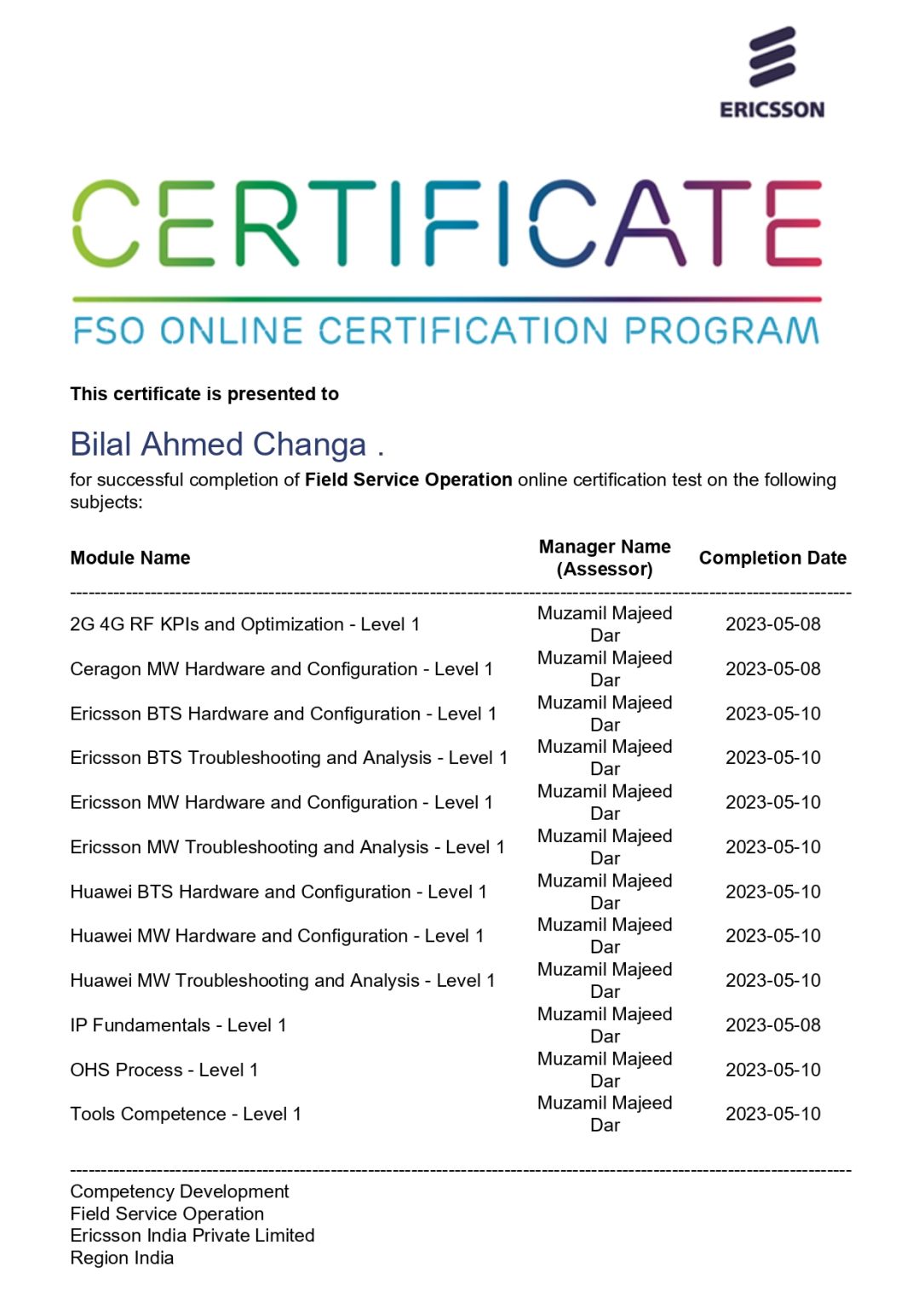 Bilal Ahmad Changa on LinkedIn: Completed Ericsson FSO Certification Bilal Ahmad Changa on LinkedIn: Completed Ericsson FSO Certification