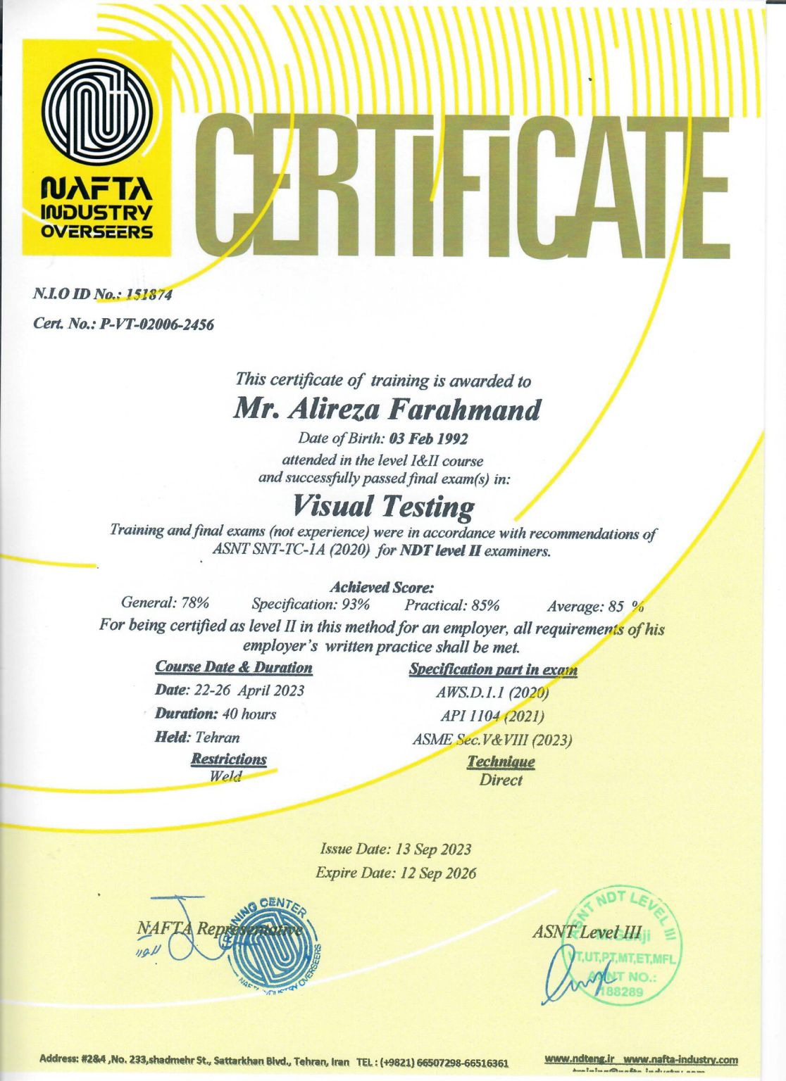 ASNT NDT Level II certification Alireza farahmand ASNT NDT Level II certification Alireza farahmand