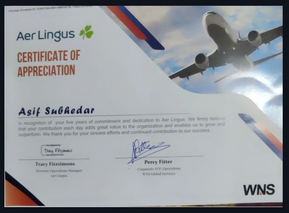 Asif Subhedar on LinkedIn: Certificate of Appreciation Aer Lingus Asif Subhedar on LinkedIn: Certificate of Appreciation Aer Lingus