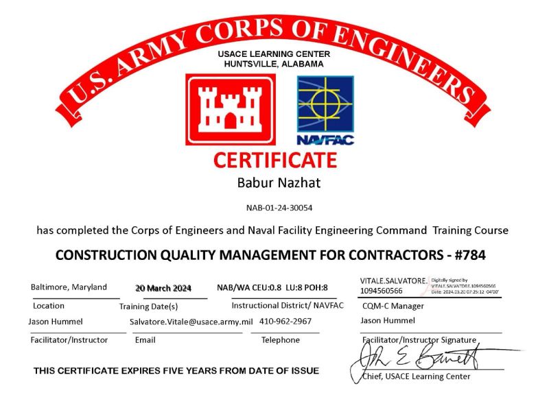 Babur Nazhat on LinkedIn: Recently I got CQM certification from USACE Babur Nazhat on LinkedIn: Recently I got CQM certification from USACE
