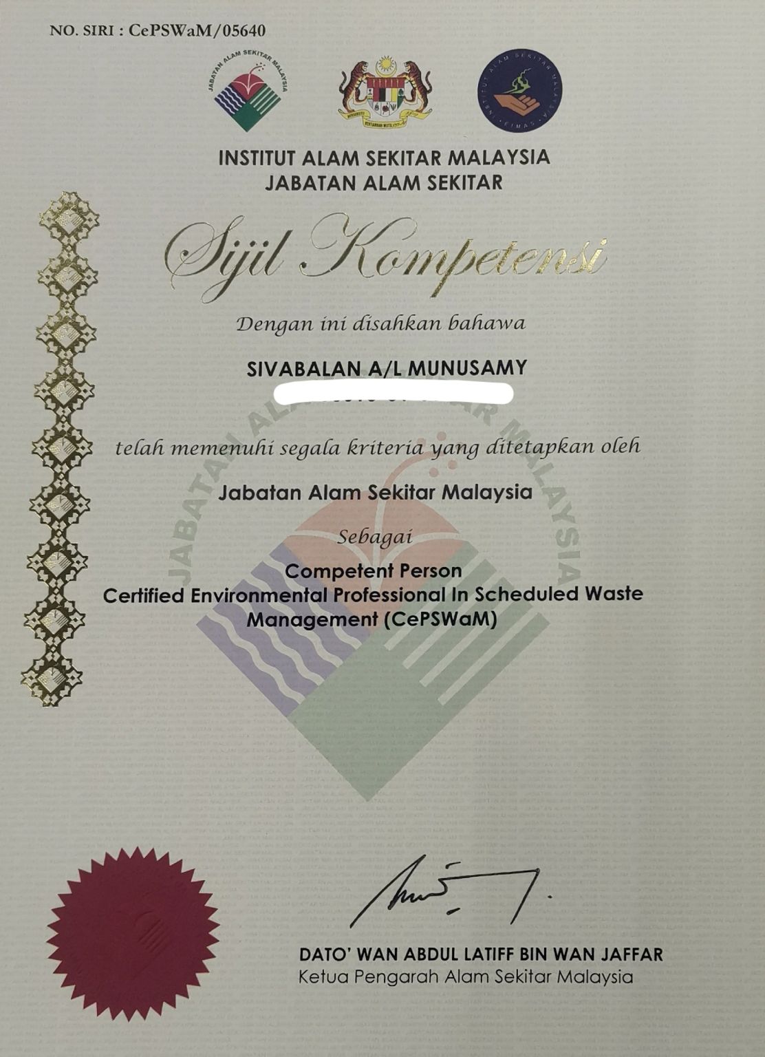 Successfully acquired the competent person certificate for CePSWaM Successfully acquired the competent person certificate for CePSWaM