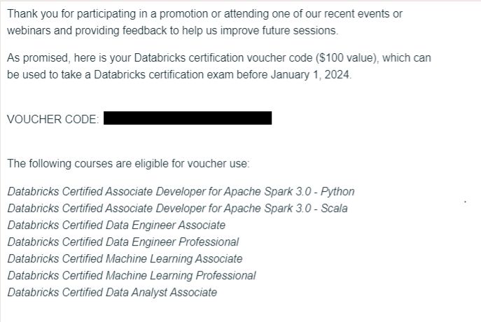 100$ VOUCHER on Databricks certifications You can attend to some of 100$ VOUCHER on Databricks certifications You can attend to some of