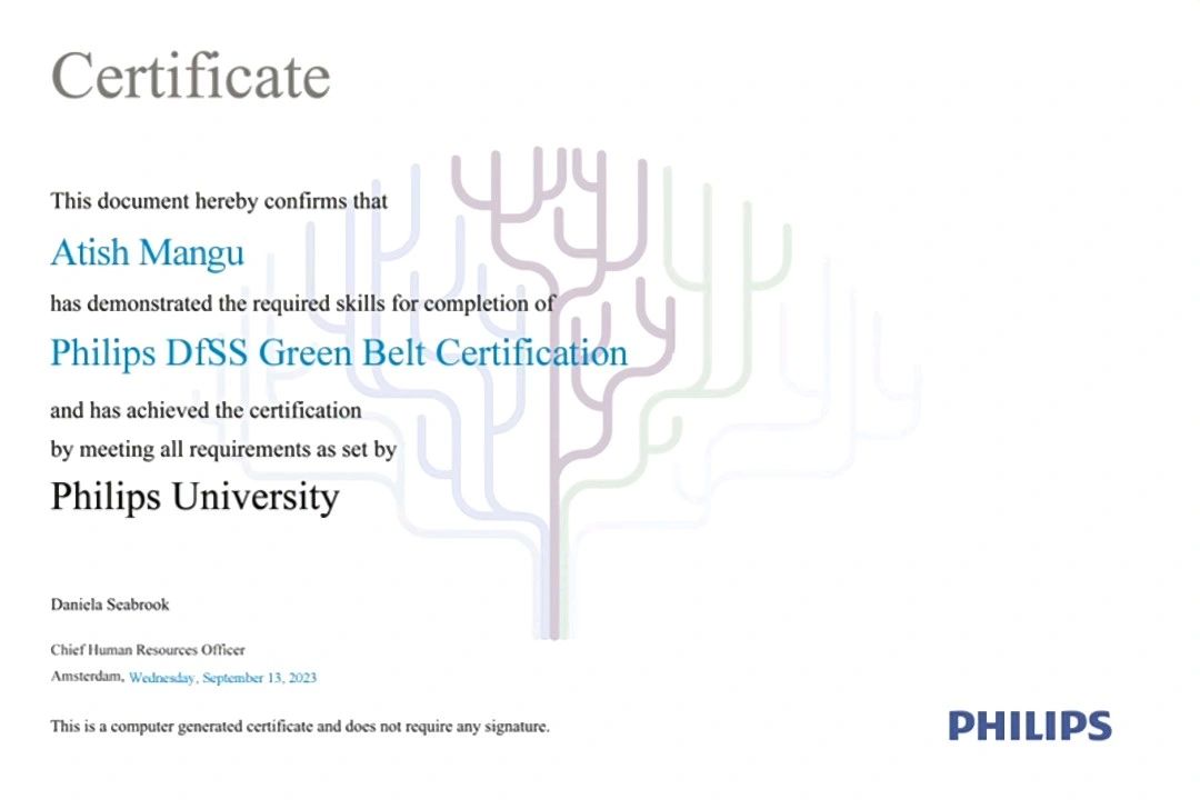 Successfully completed DFSS Green Belt training and certification Successfully completed DFSS Green Belt training and certification