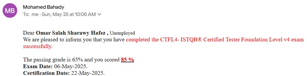 Passed ISTQB® Foundation Level certification Omar Salah posted on the Passed ISTQB® Foundation Level certification Omar Salah posted on the