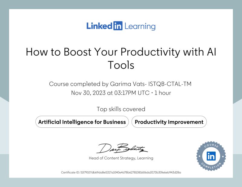 Garima Vats ISTQB CTAL TM on LinkedIn: Certificate of Completion Garima Vats ISTQB CTAL TM on LinkedIn: Certificate of Completion