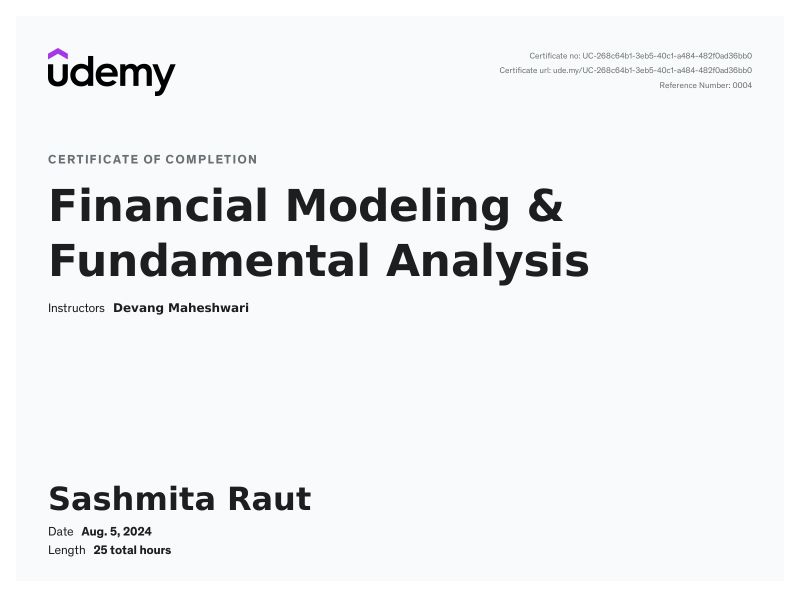 Finished Financial Modeling certification Sashmita Raut posted on Finished Financial Modeling certification Sashmita Raut posted on