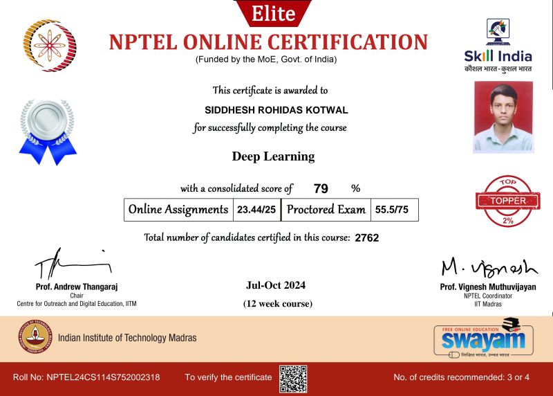 Siddhesh Kotwal on LinkedIn Completed the NPTEL Deep Learning course