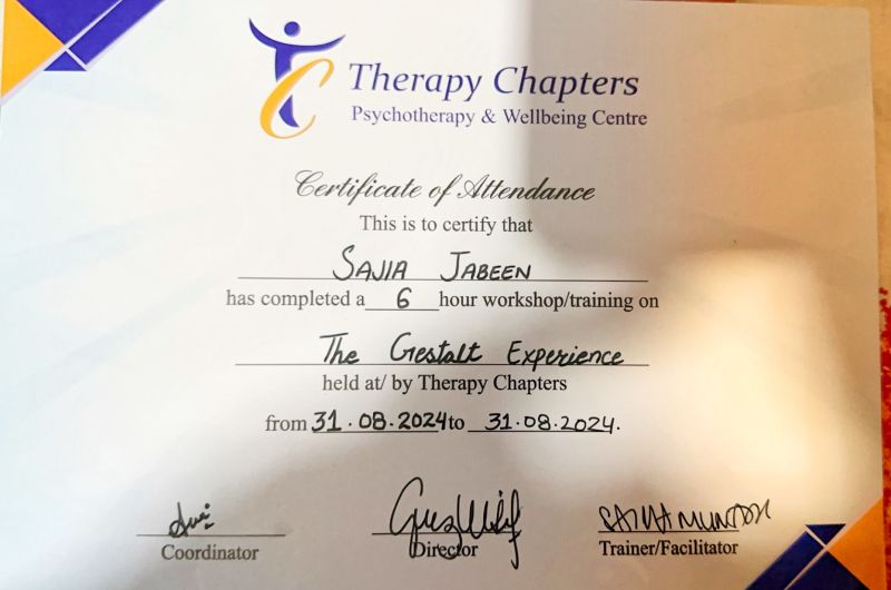 Sajia Jabeen on LinkedIn: #therapychapters #certification #gestalt # Sajia Jabeen on LinkedIn: #therapychapters #certification #gestalt #