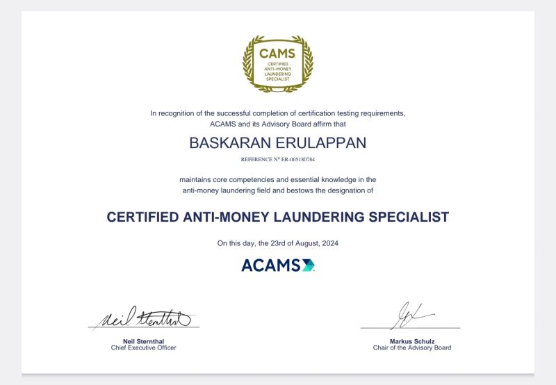 Baskaran Erulappan CAMS on LinkedIn: #acams #certification #aml # Baskaran Erulappan CAMS on LinkedIn: #acams #certification #aml #