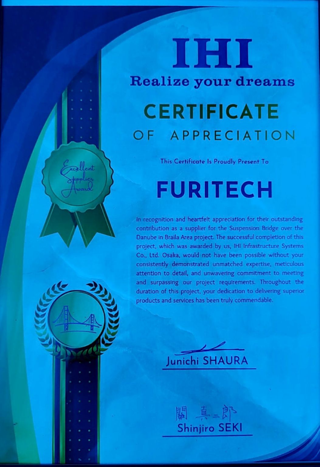 Furitech SRL pe LinkedIn: IHI Corporation CERTIFICATE OF APPRECIATION Furitech SRL pe LinkedIn: IHI Corporation CERTIFICATE OF APPRECIATION